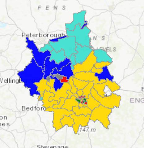 Map of Cambridgeshire Council seat holdings after the May 2025 local election
